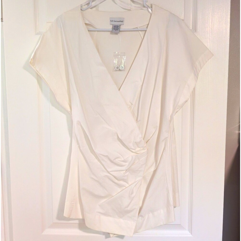 Soft Surroundings White Draped Wrap V-Neck Cap Sleeve Knit Stretch Blouse XL